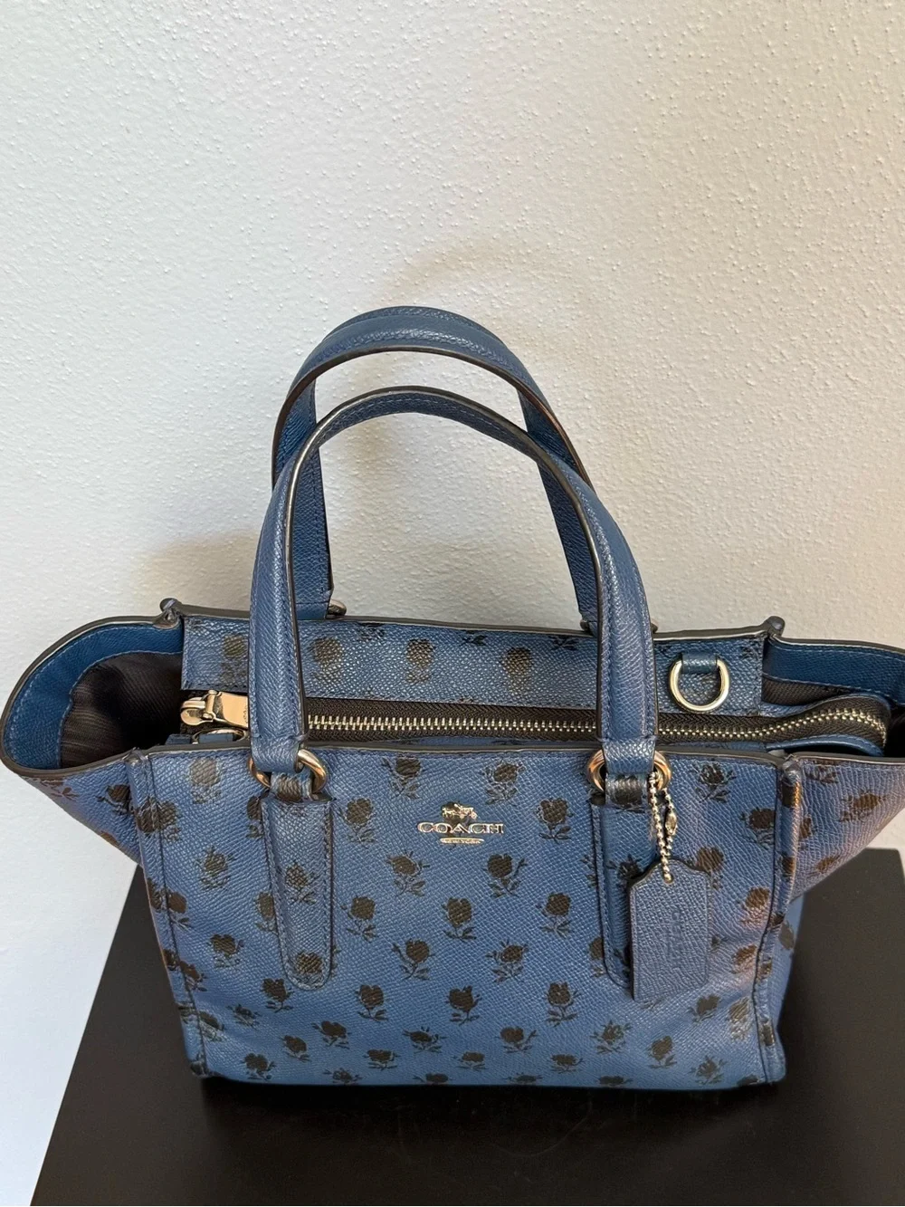 Coach Mini Crosby Carryall in Printed Crossgrain Leather Blue Black Flora